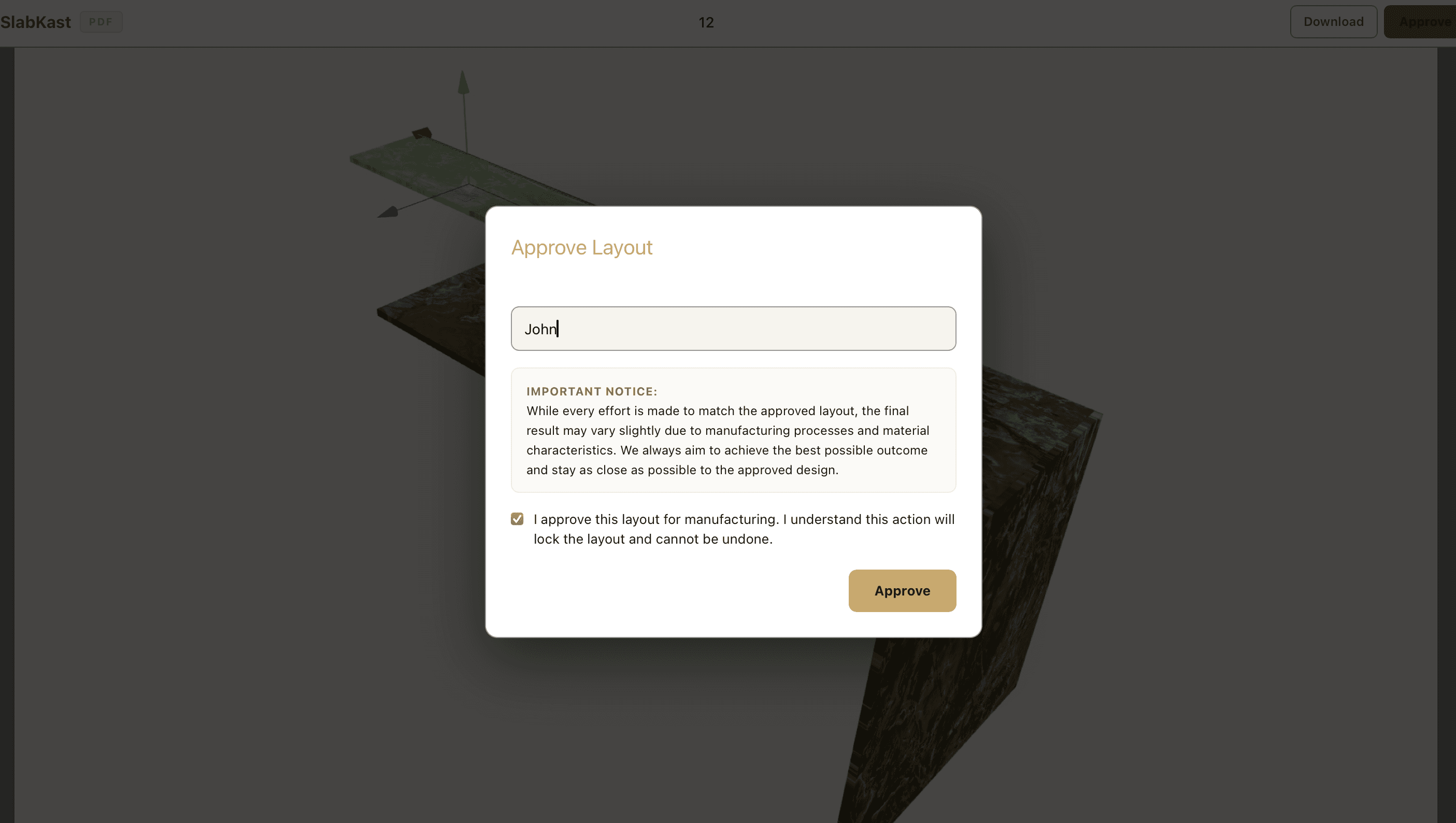 SlabKast 3D preview with client approval dialog for countertop layout sign-off